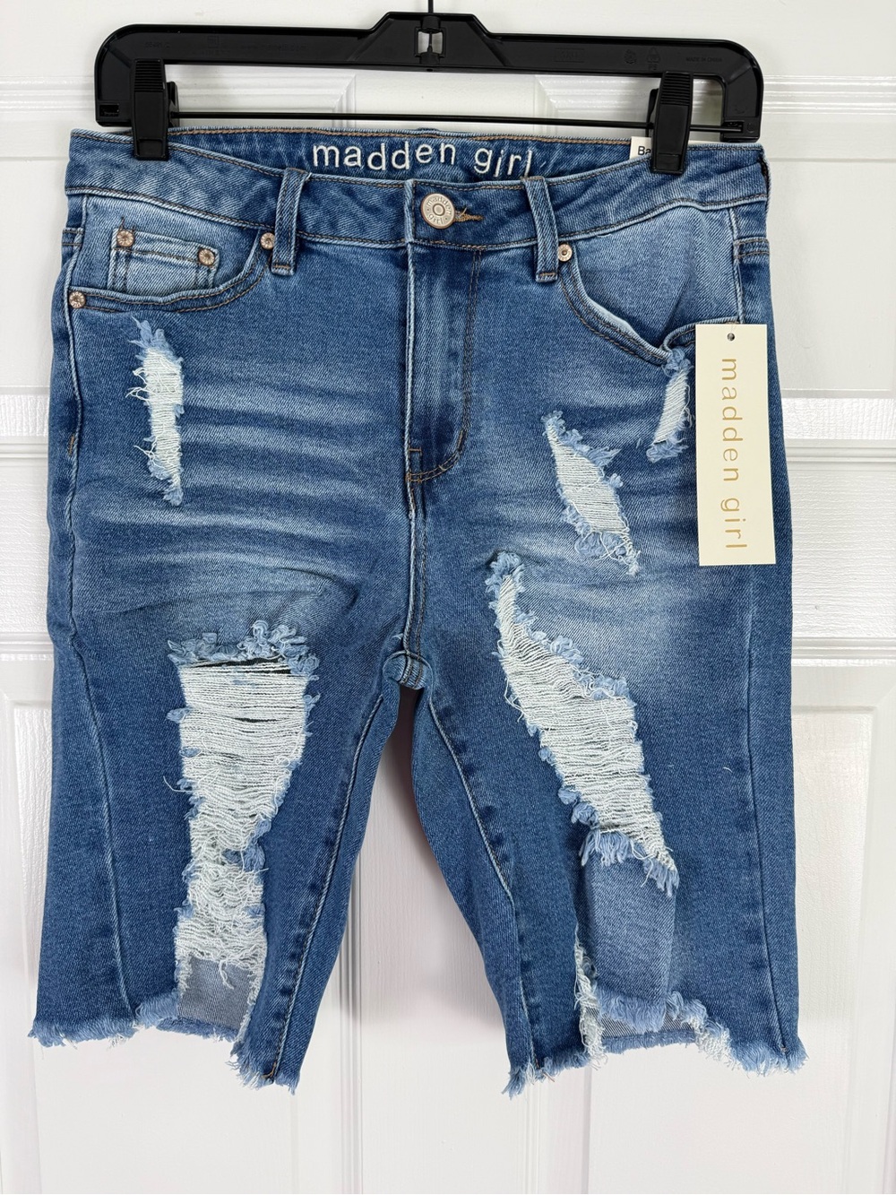 NWT Madden Girl Distressed Mid Blue Denim Cutoff Bermuda Shorts 29